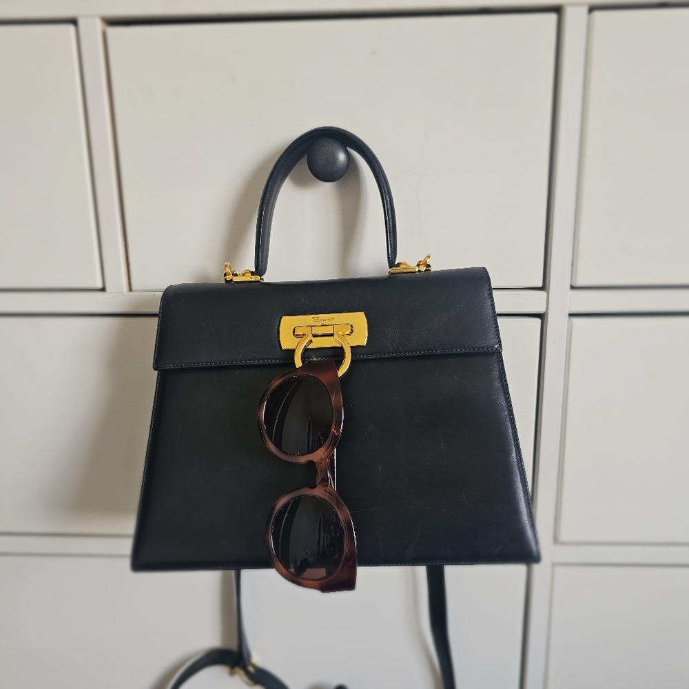 Salvatore Ferragamo Gancini Dark Navy  Satchel with Gold Hardware - Picture 12 of 12
